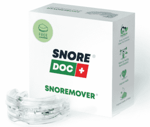 SnoRemover product image with it's package in the background, stating all benefits to stop snoring.