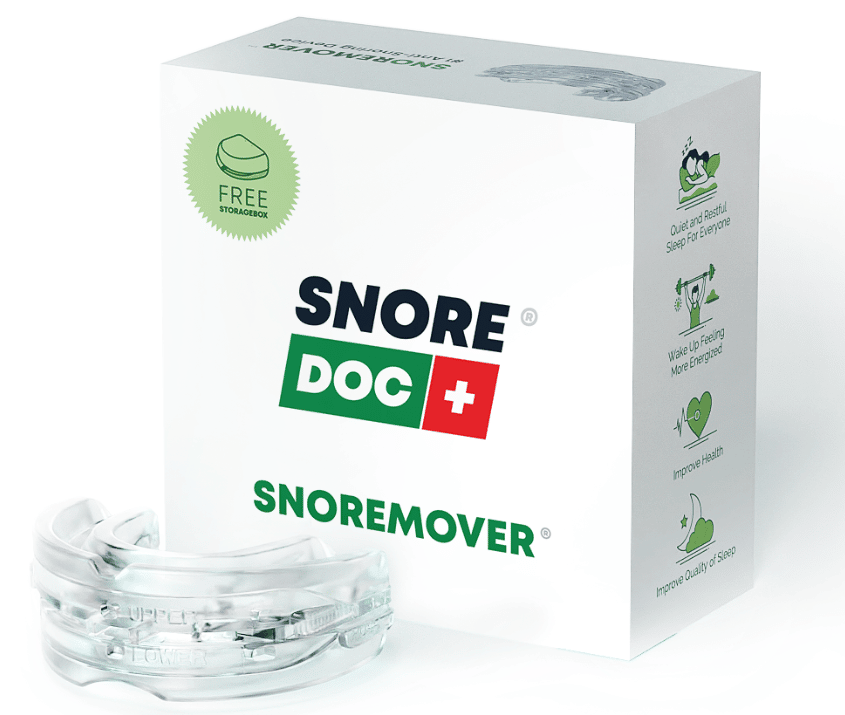 SnoRemover product image with it's package in the background, stating all benefits to stop snoring.