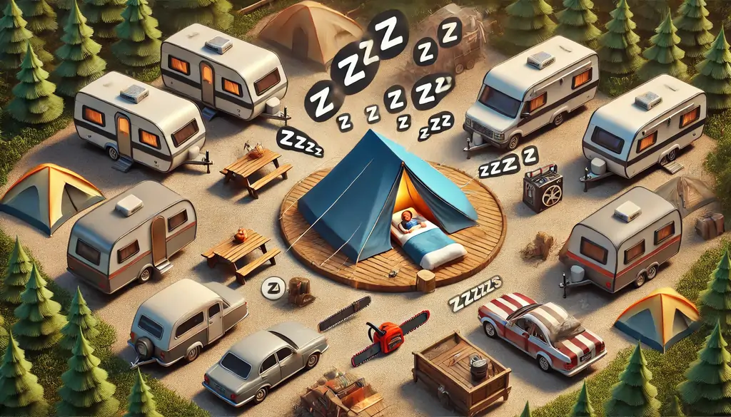 Realistic campsite scene with a person sleeping in a central tent, surrounded by caravans and tents, illustrating the challenge of a snoring partner on holiday.